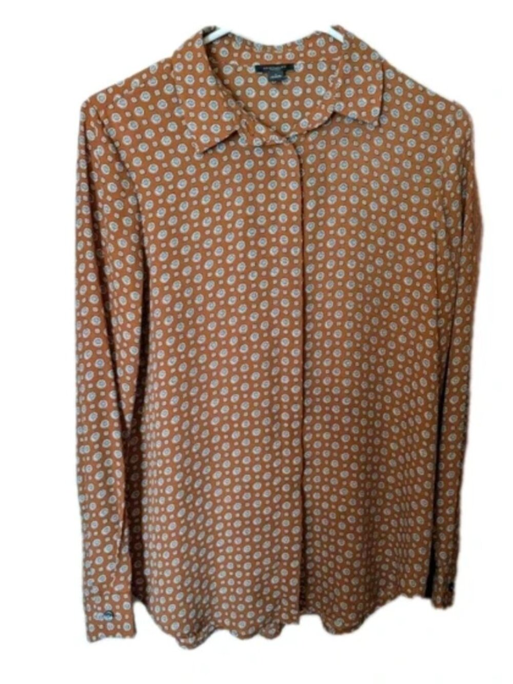 Long Sleeve Ann Taylor Brown Button Down Blouse Size Small Geometric Pattern